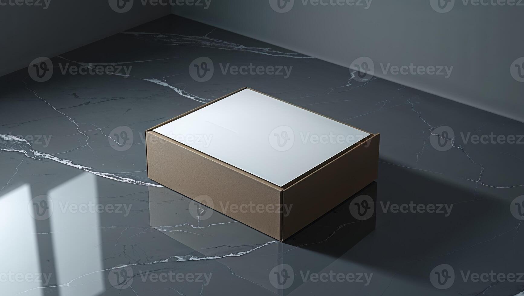 Cardboard box with blank label on marble surface for product packaging photo