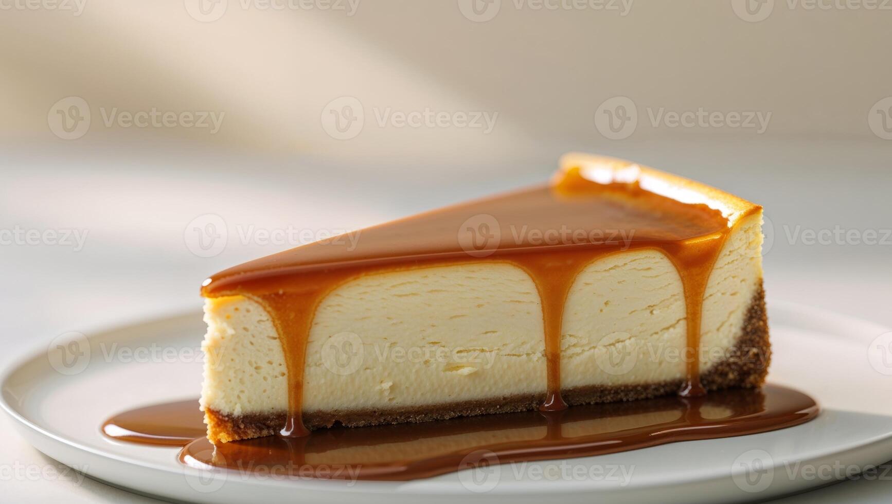 delectable slice of cheesecake topped with smooth glossy caramel sauce served on white plate photo