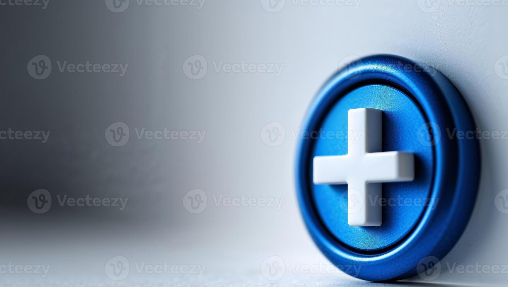Blue Circular Button with Embossed White Plus Sign photo