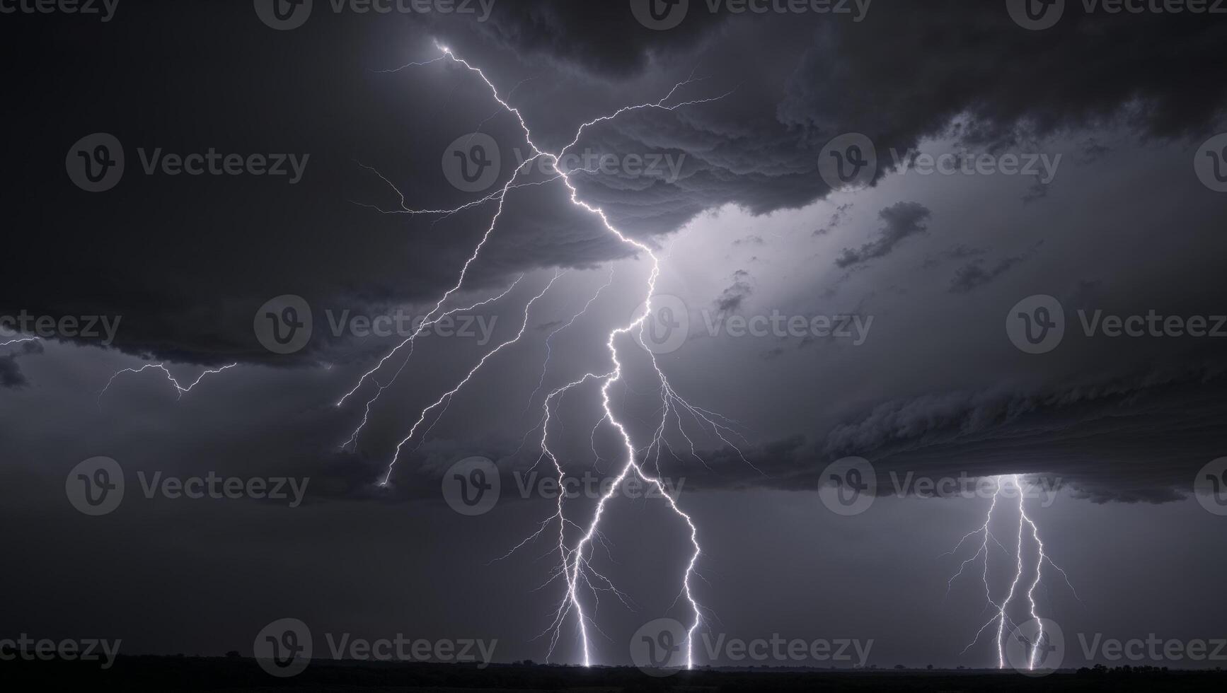 Dramatic sky view reveals raw power of lightning bolts cutting through darkness during thunderstorm photo