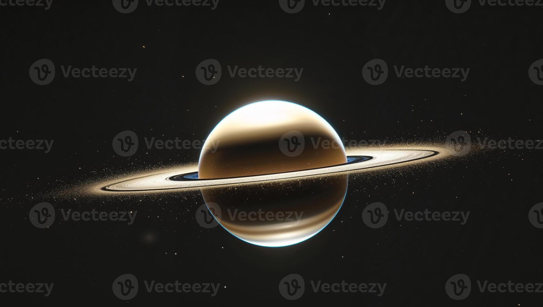 Golden planet reflecting sunlight in a dark space with dust particles photo
