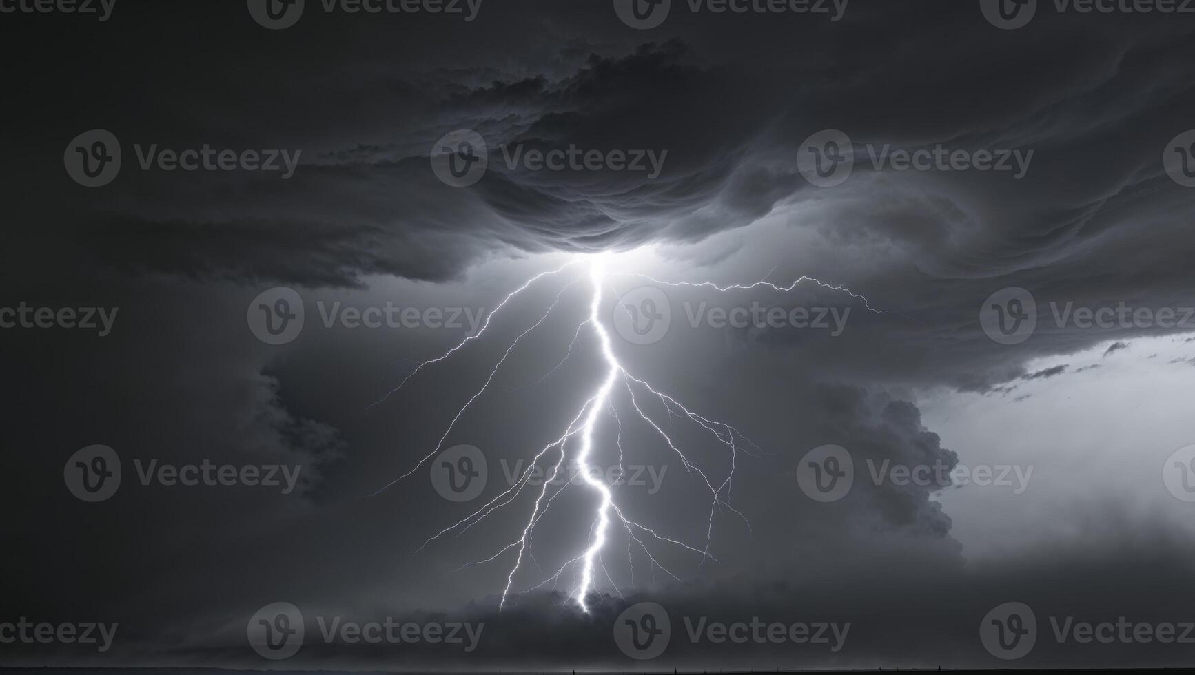 Lightning bolt striking through a stormy sky photo
