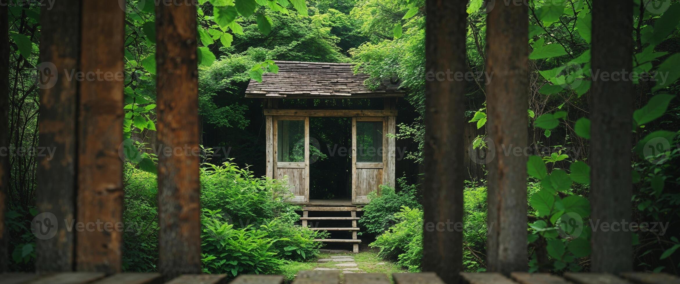 Rustic wooden structure in a lush green garden. photo
