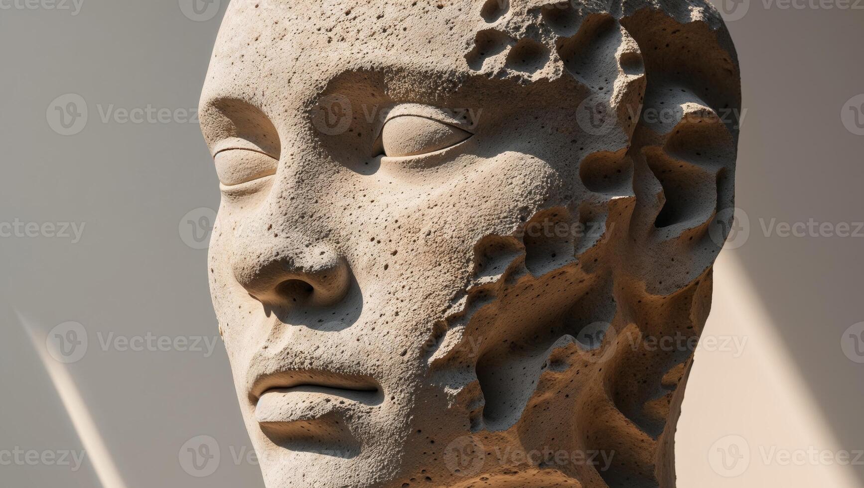 Abstract stone sculpture of a human head with eroded features and porous texture photo