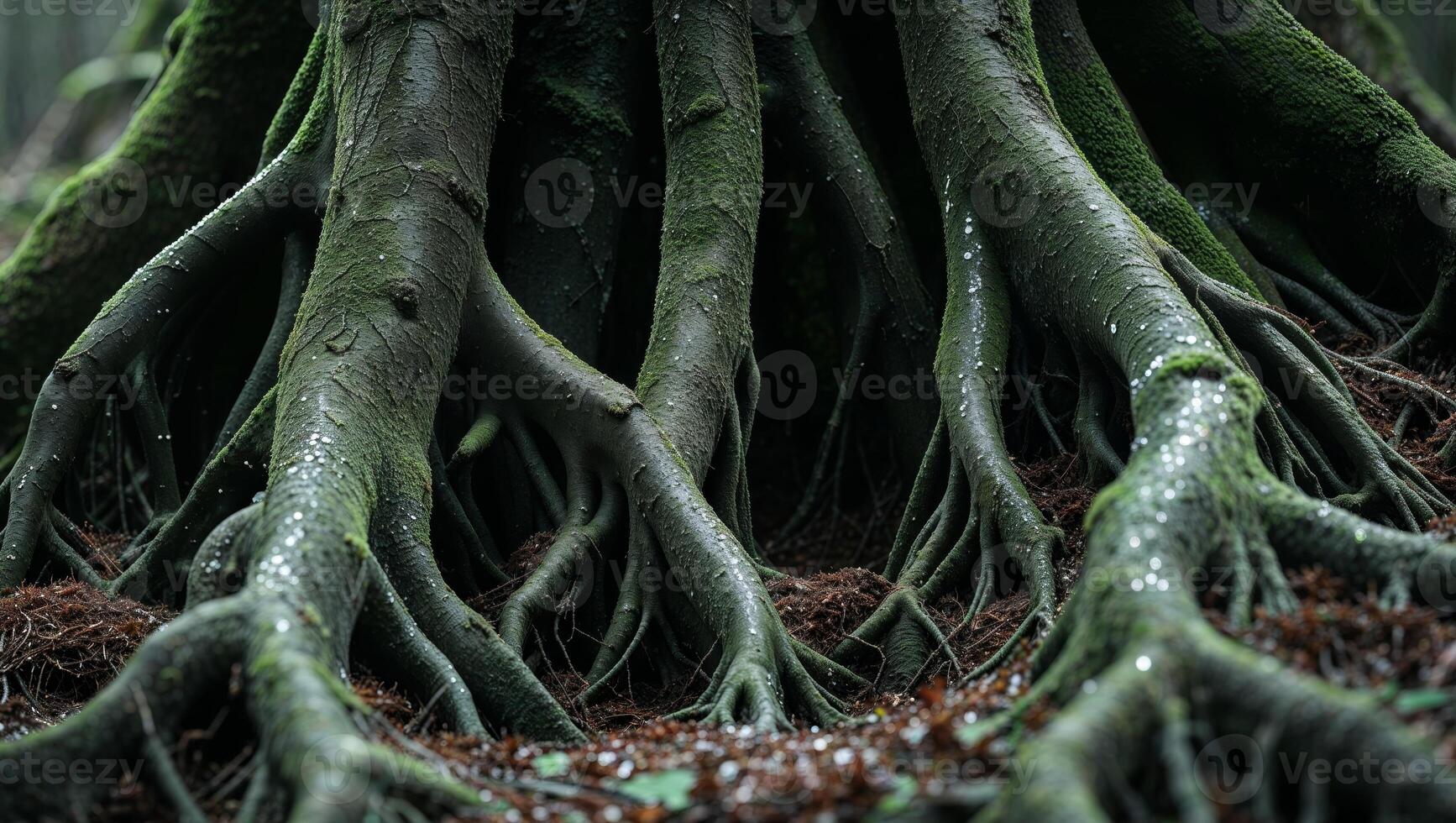 Close up view of intertwined tree roots with moss photo