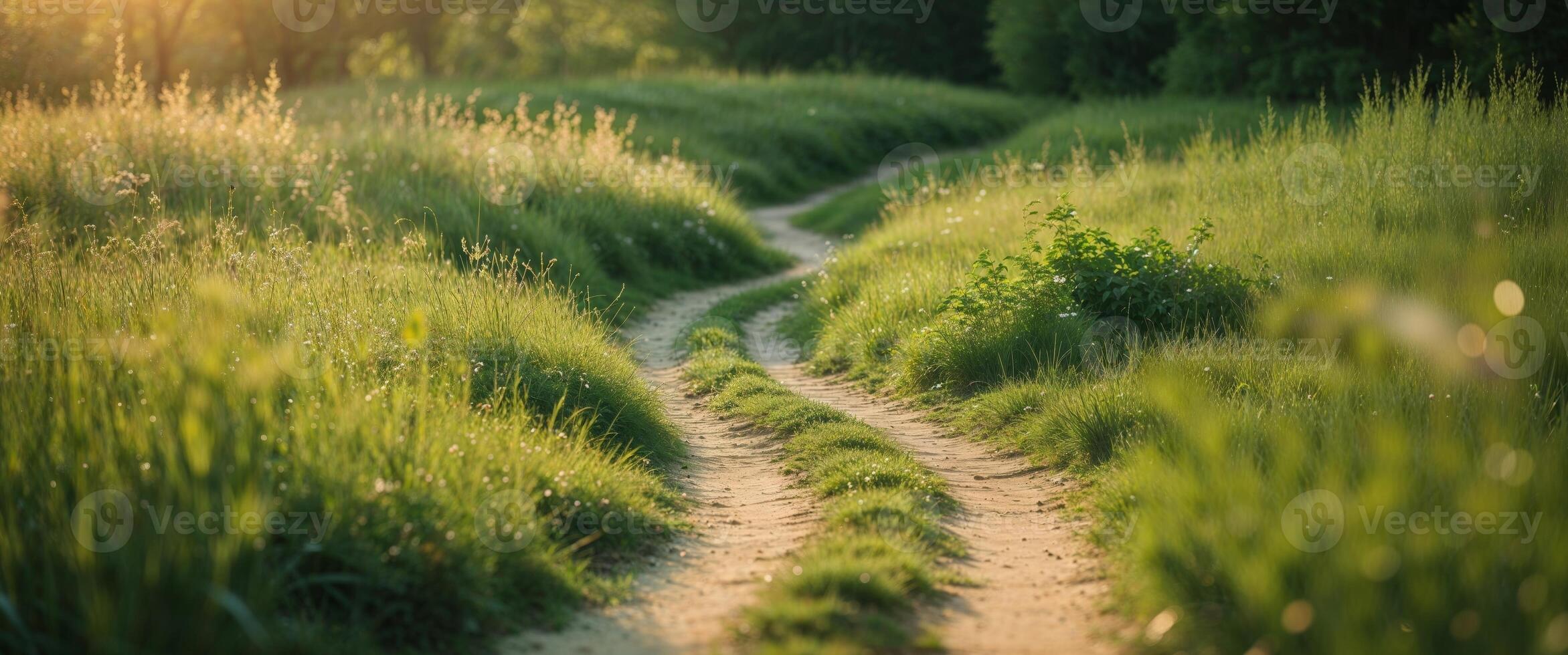 Sunlit Path Winding Through Lush Green Meadow photo