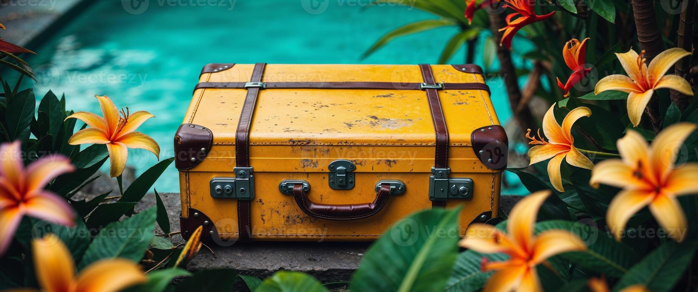 Yellow suitcases tropical vacation travel. photo