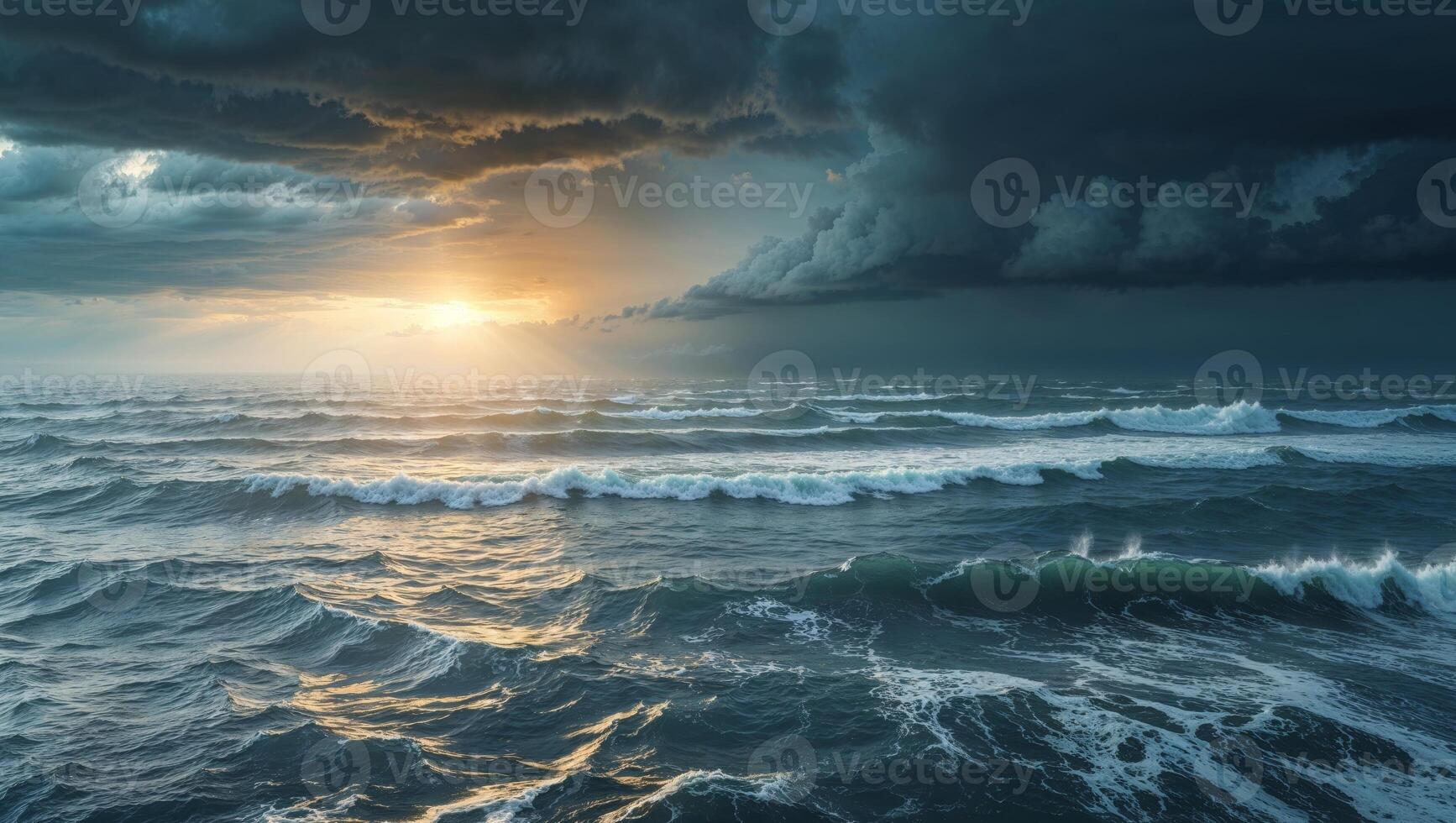 Dramatic Ocean Landscape with Approaching Storm and Sunlight Reflection photo
