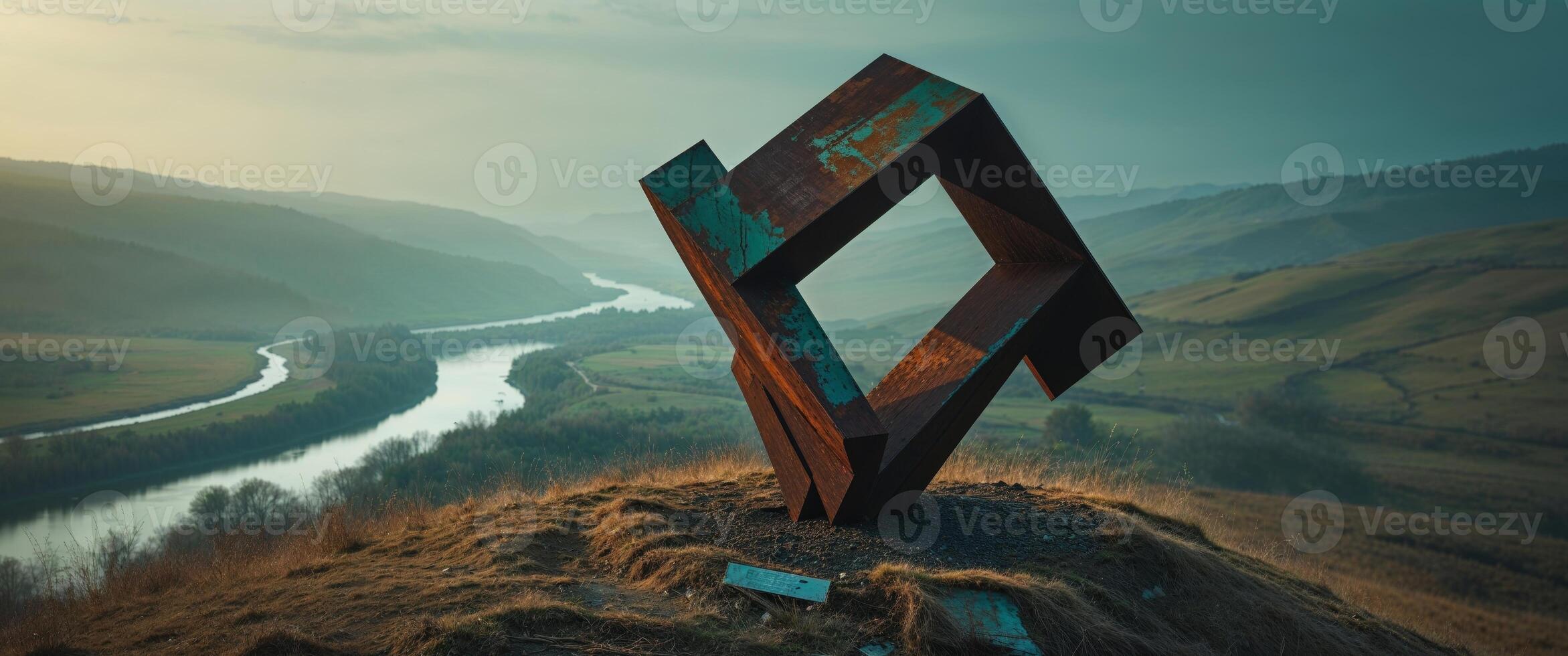 Rusty metal sculpture on hilltop overlooking valley landscape photo