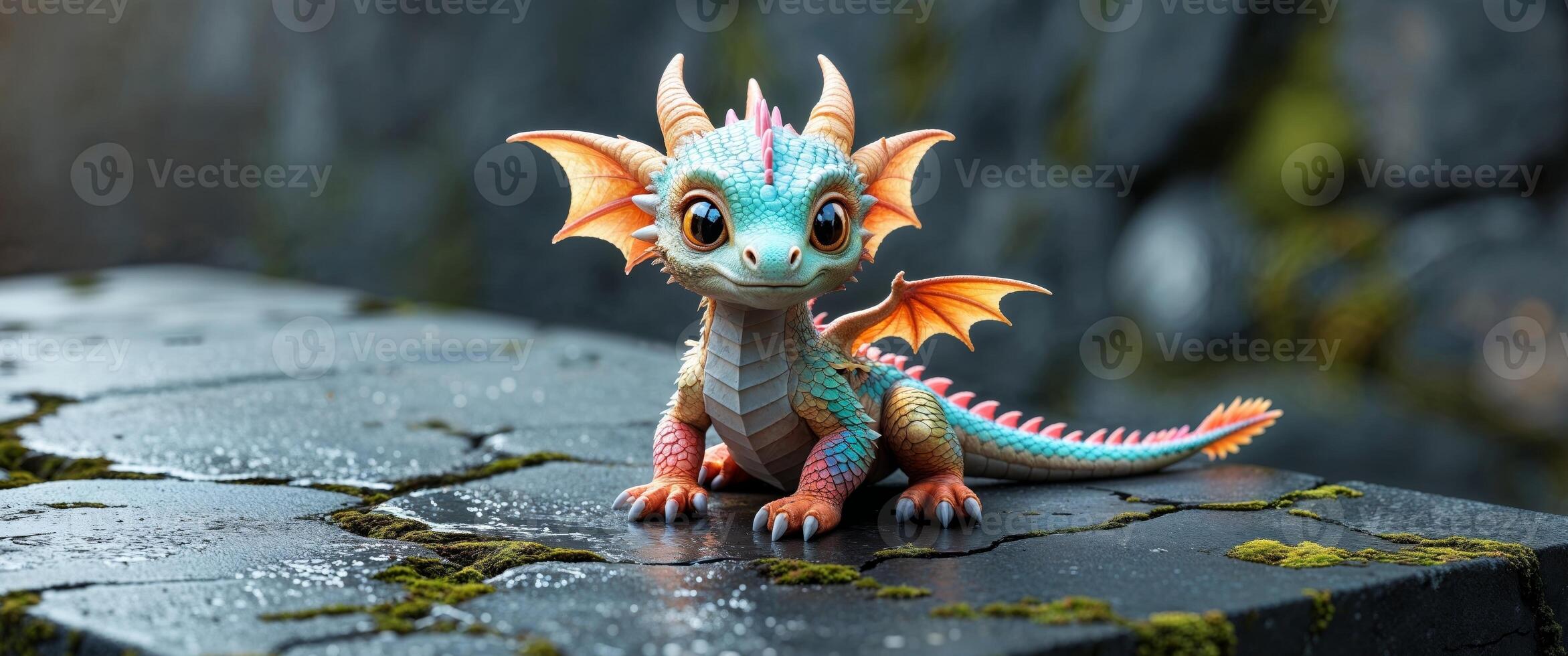 A Cutely Colored Dragon Sitting on a Stone Structure Surface. photo
