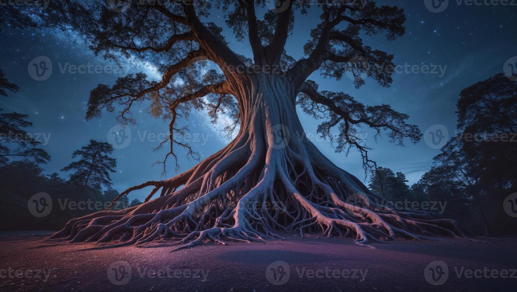 a illuminated scene beneath a giant tree that stretches its roots deep into the stars photo