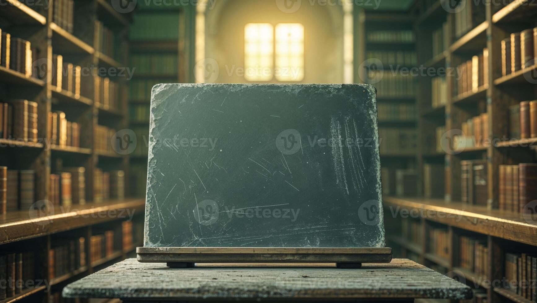 An empty blackboard in a library with bookshelves photo
