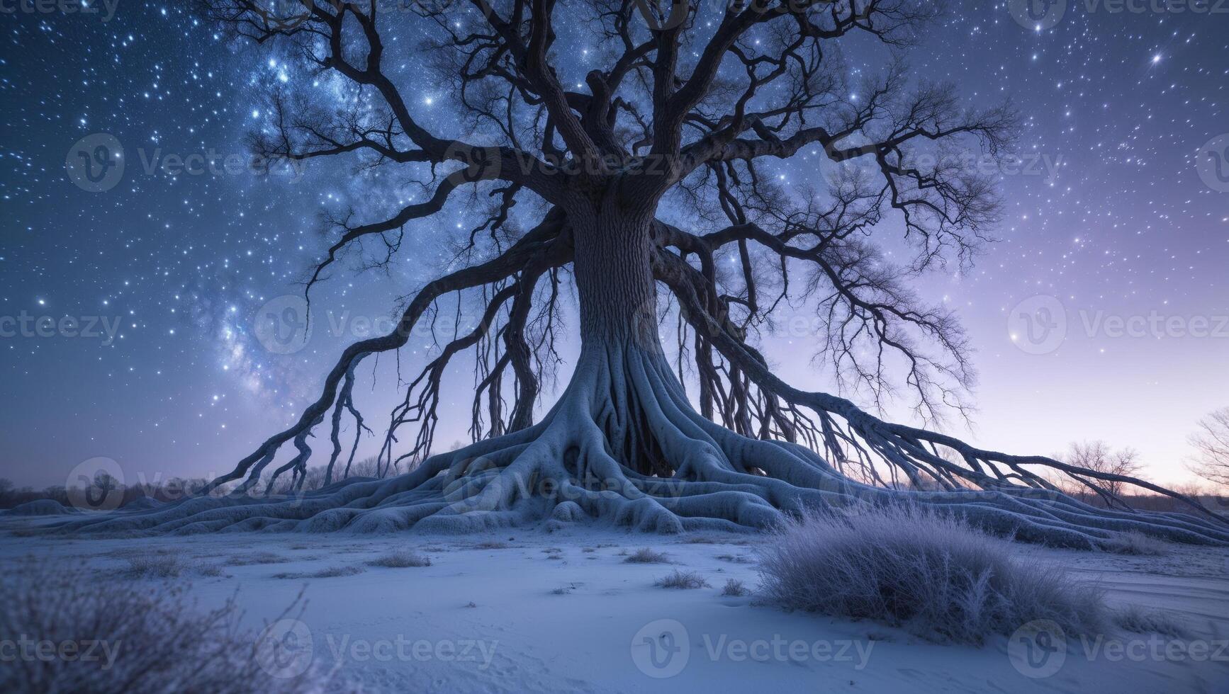 A tree with roots in the snow under a starry sky photo