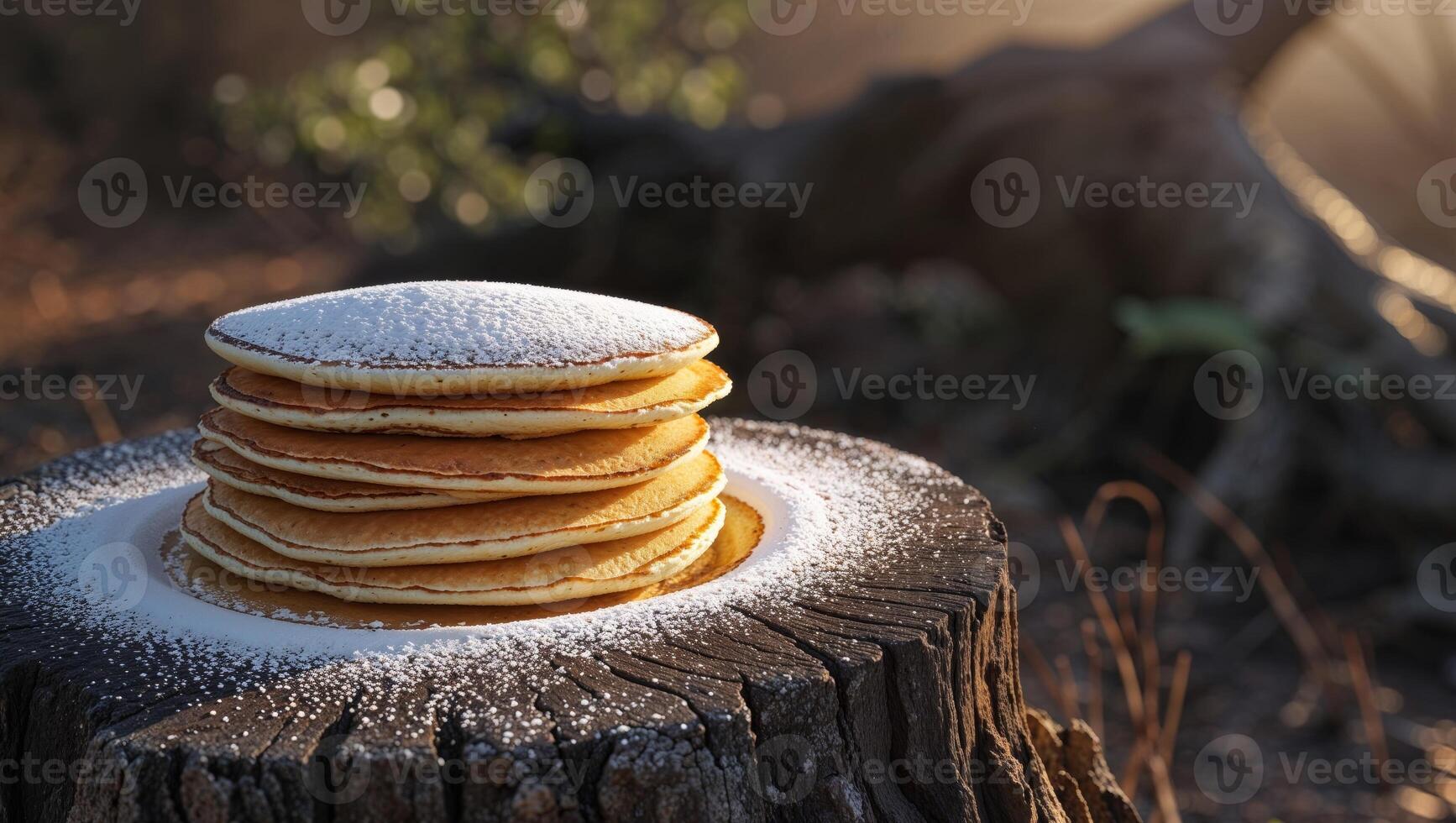 Stack of pancakes on stump in the forest photo
