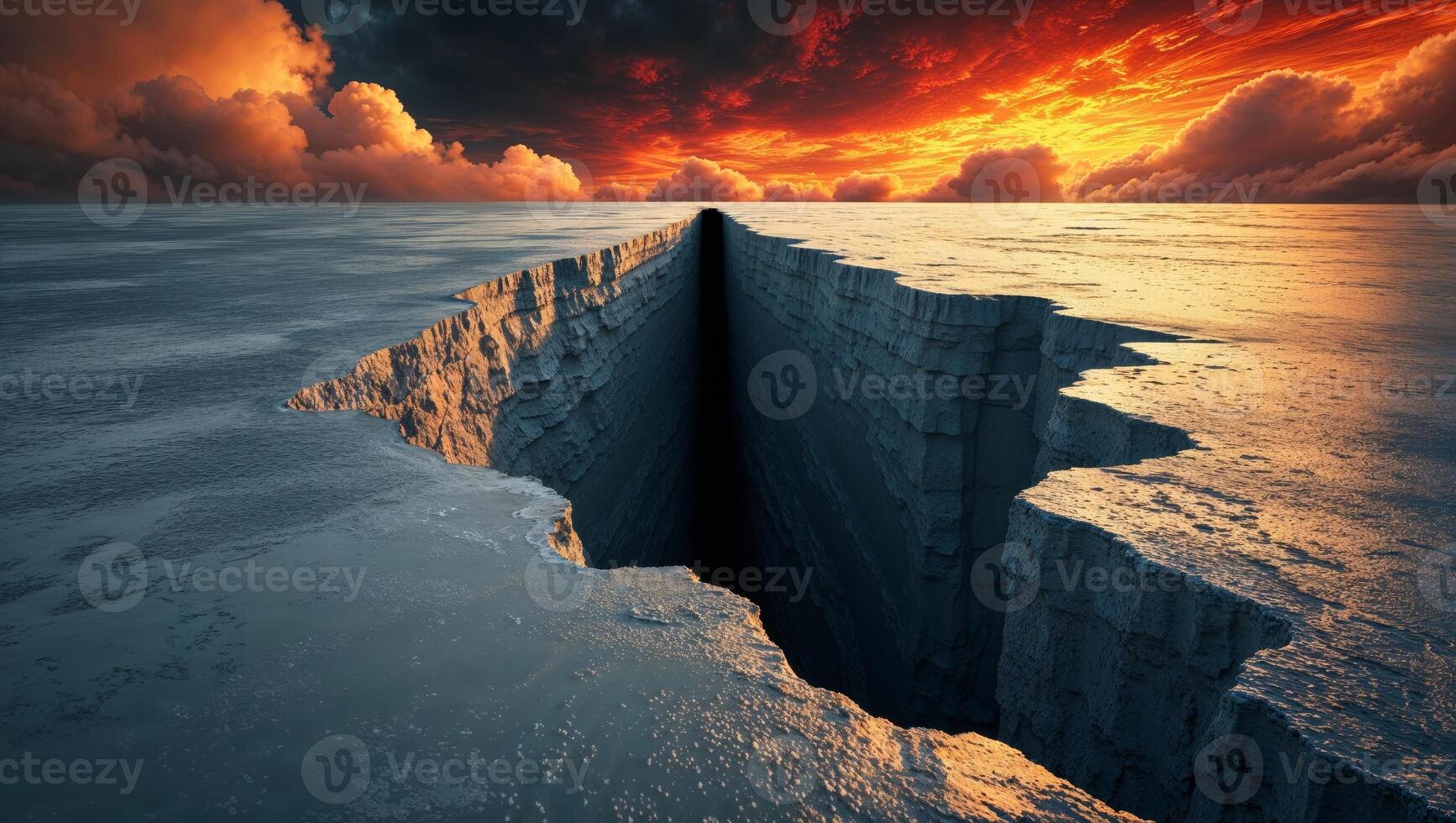 A hole in the ground with a sunset in the background photo