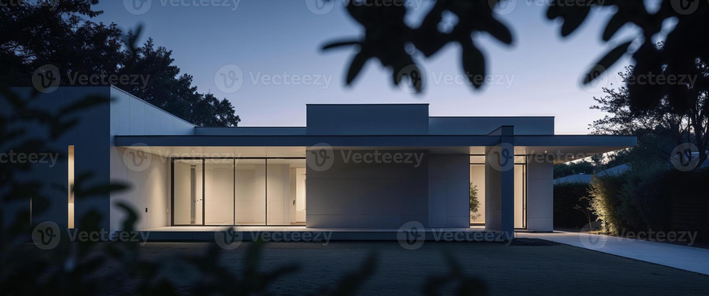 A modern house with a white exterior and a glass door photo