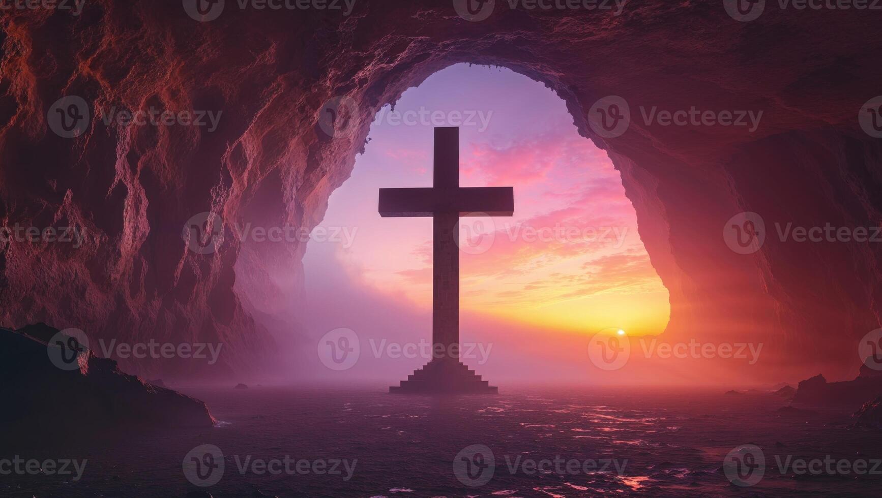 A cross is standing in front of a cave with a sunset in the background photo