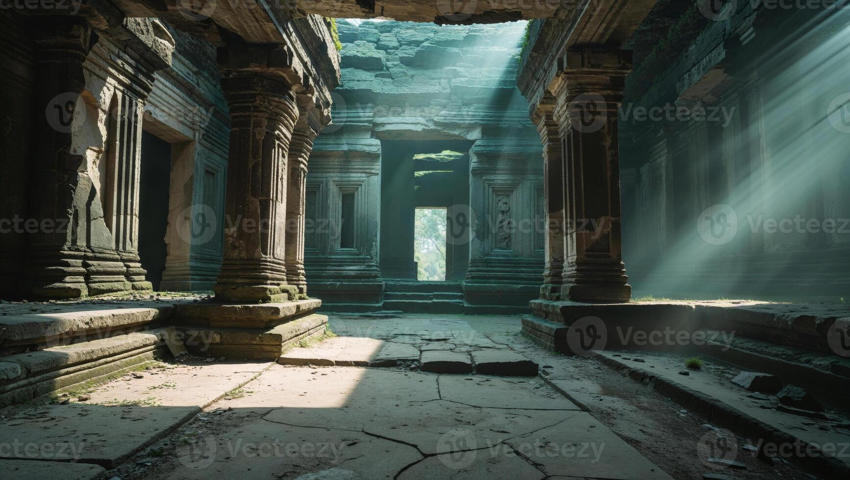 The sun shines through the pillars of an ancient temple photo