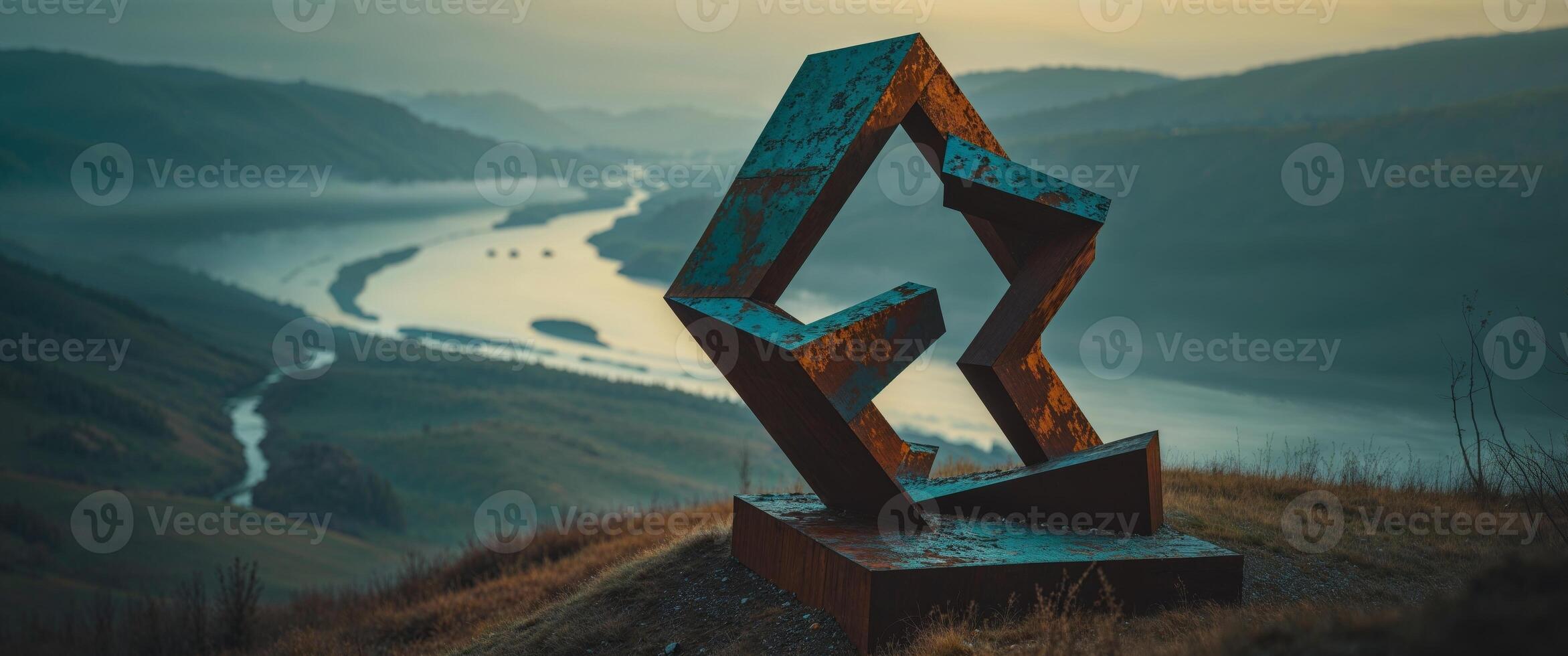 A sculpture of a triangle on top of a hill photo