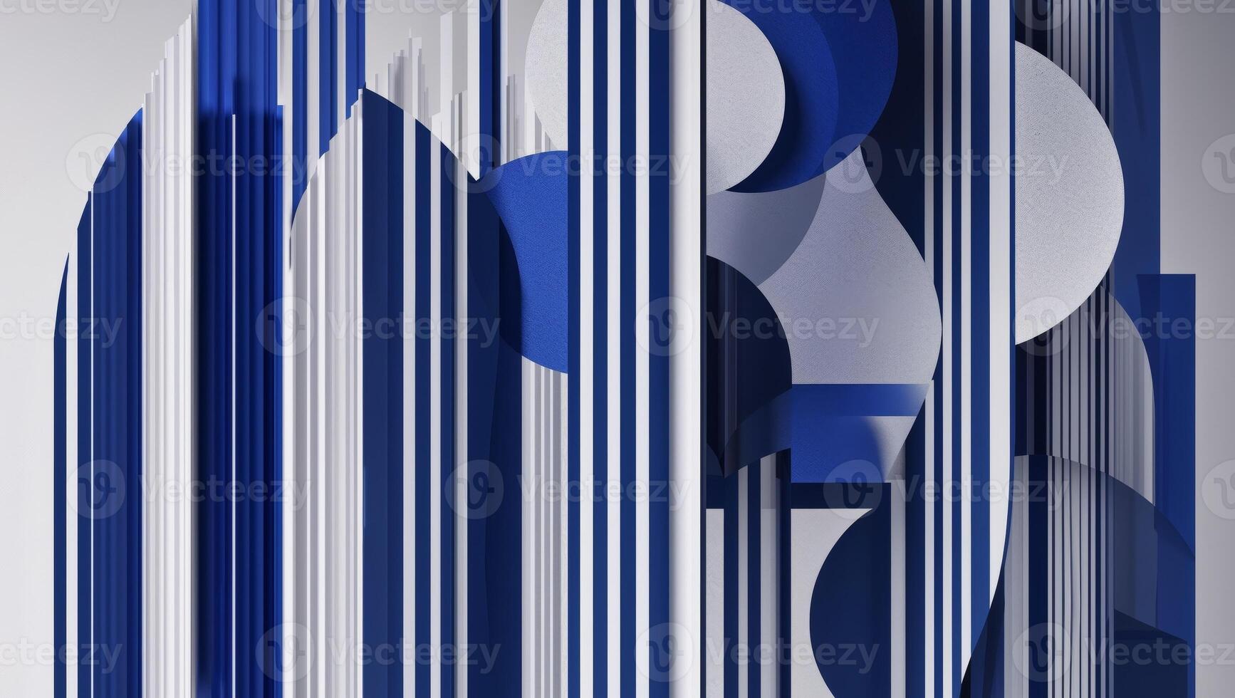 Abstract Vertical Blue and White Stripes with Geometric Overlapping Shapes photo