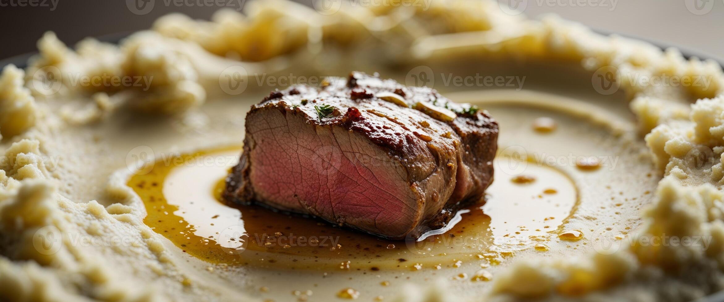 Closeup view of tender meat dish on creamy base photo