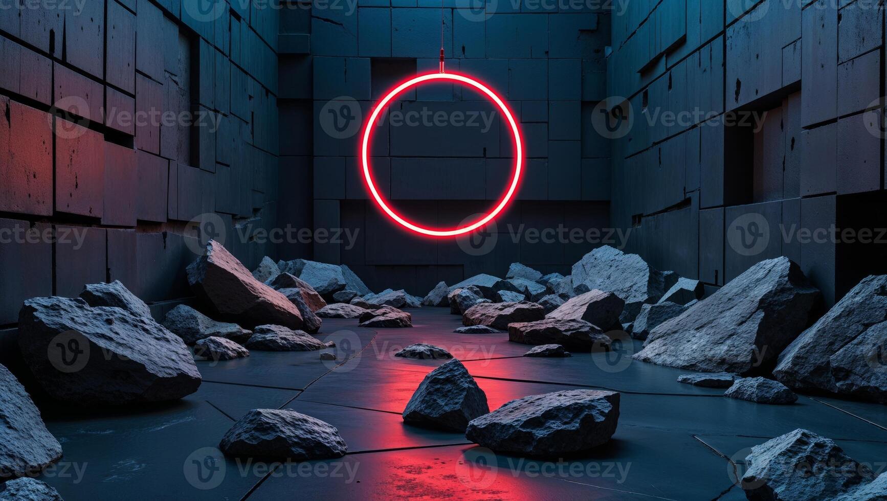 Blazing Red Neon Circle Illuminates a Dark Geometric Wall Structure with Scattered Rocks photo