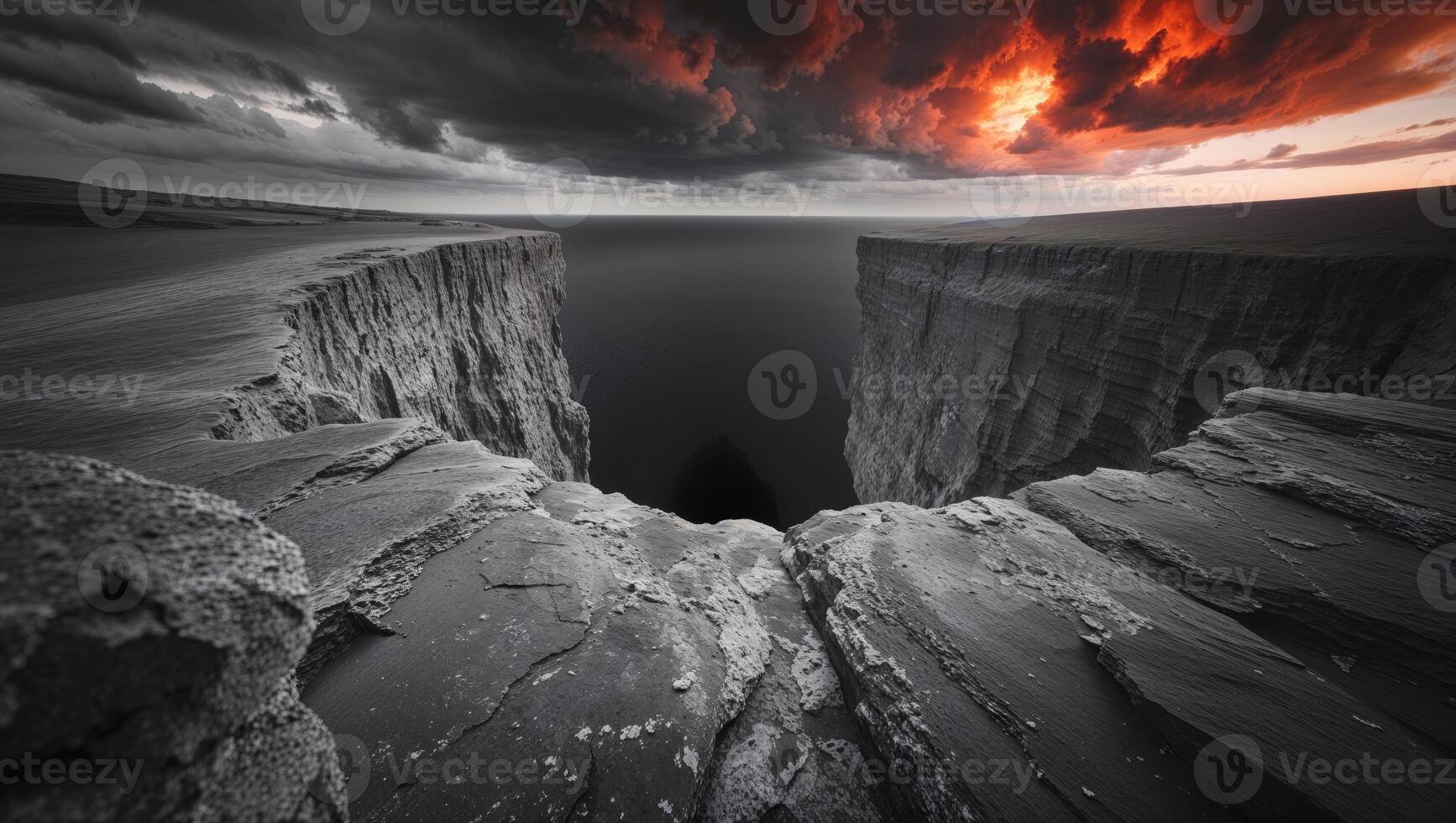 a celestial scene at the edge of a cliff, gazing into an endless abyss beneath a burning sky photo
