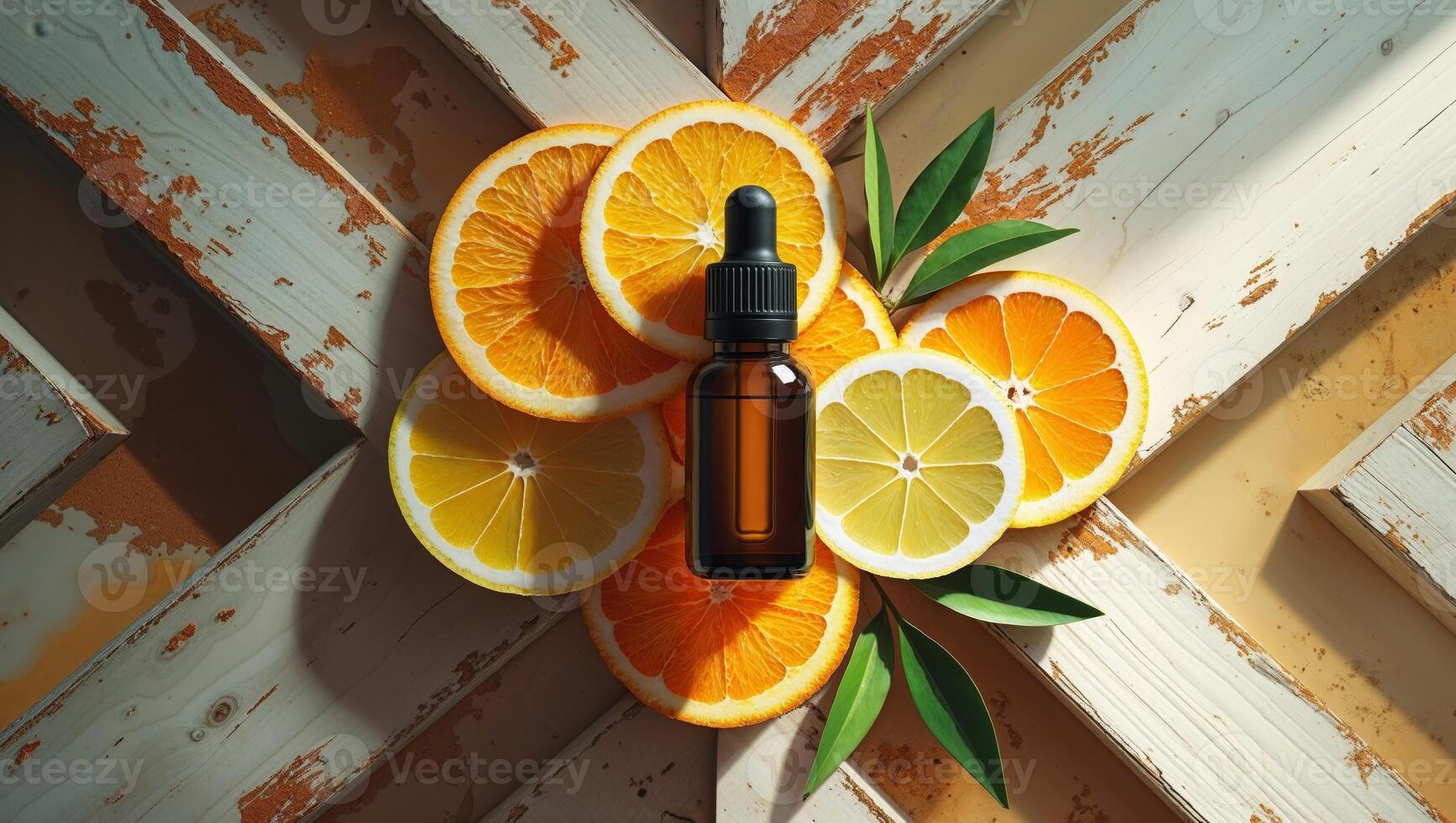 Citrus Essential Oil Extract with Orange and Lemon Slices on Rustic Wooden Background photo