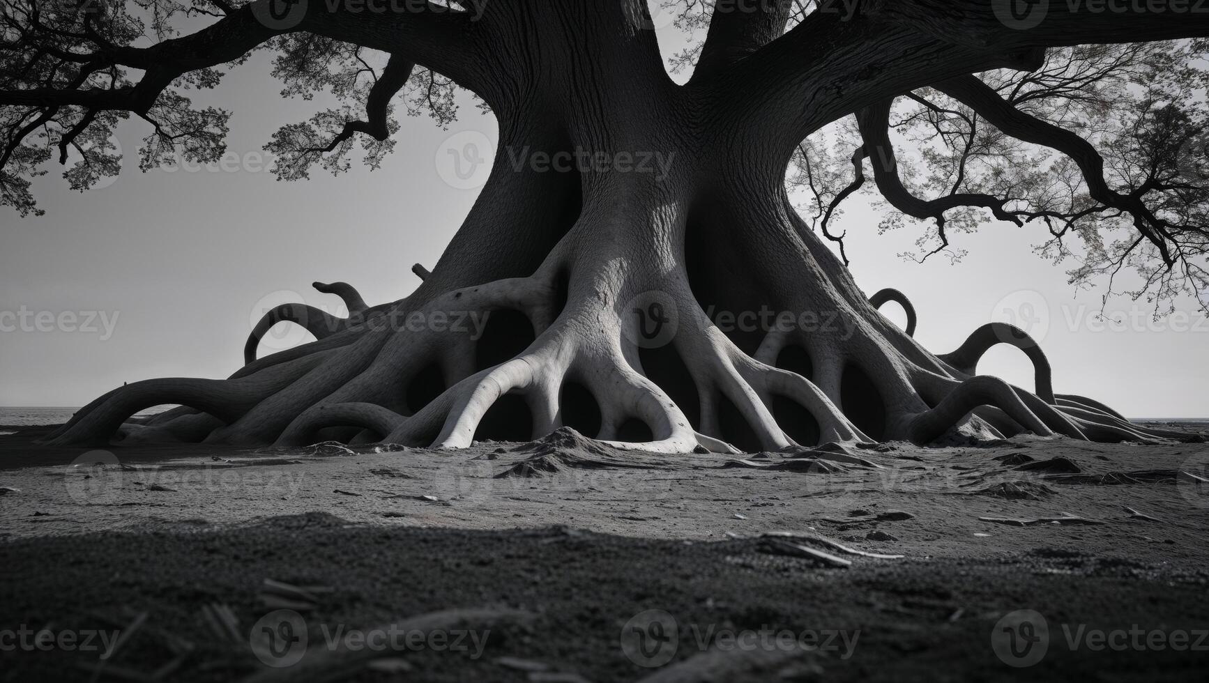 surreal shapes emerging in a shadow beneath an ancient tree photo
