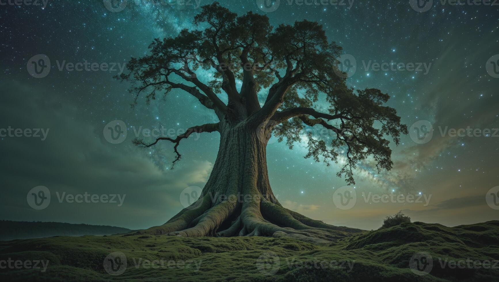 A tree with a large tree trunk and a starry sky photo