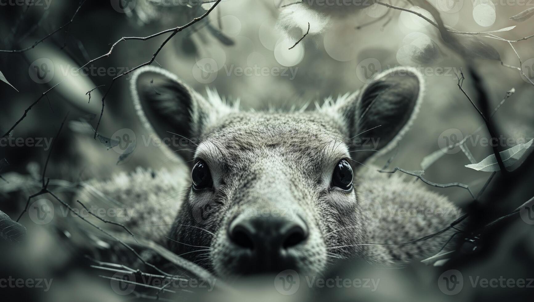 A deer is looking at the camera in the dark photo