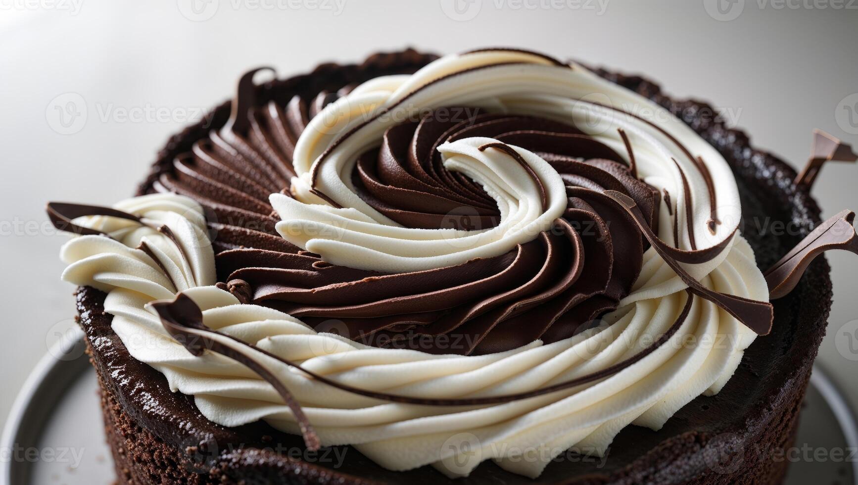 A chocolate cake with white icing and swirls photo