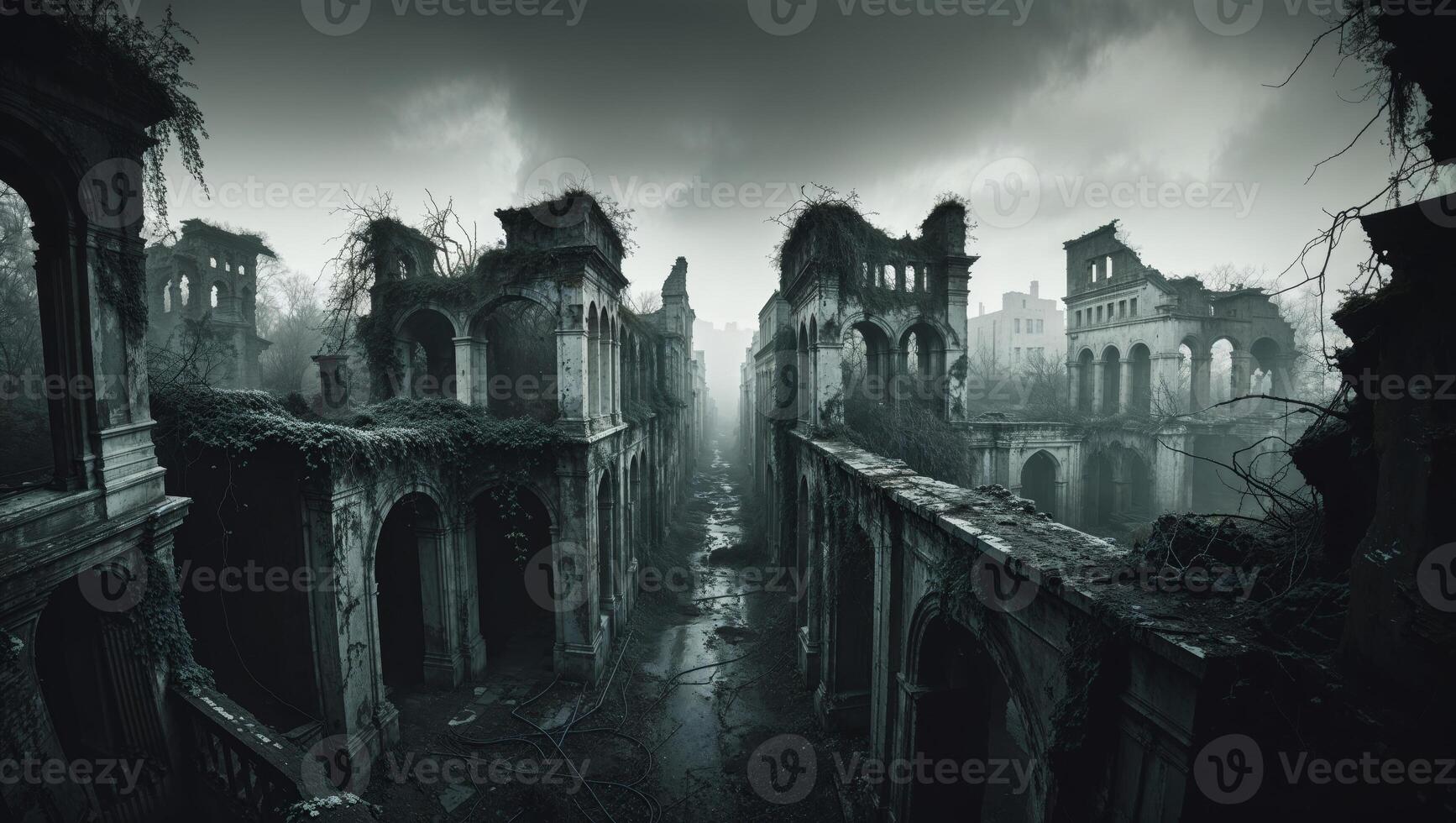 The dark and gloomy ruins of an old city photo