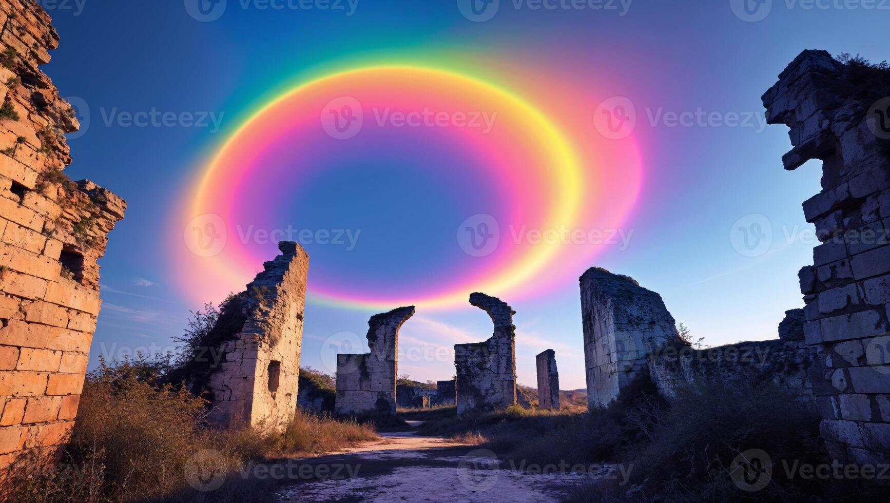 A rainbow is seen in the sky above an old ruin photo