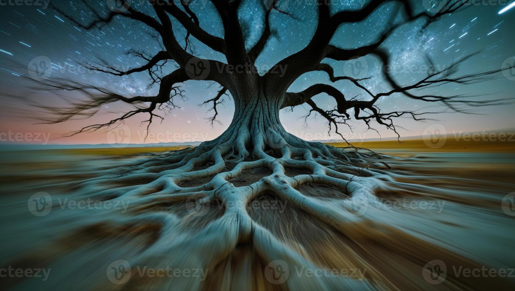 a whirling scene beneath a giant tree that stretches its roots deep into the stars photo