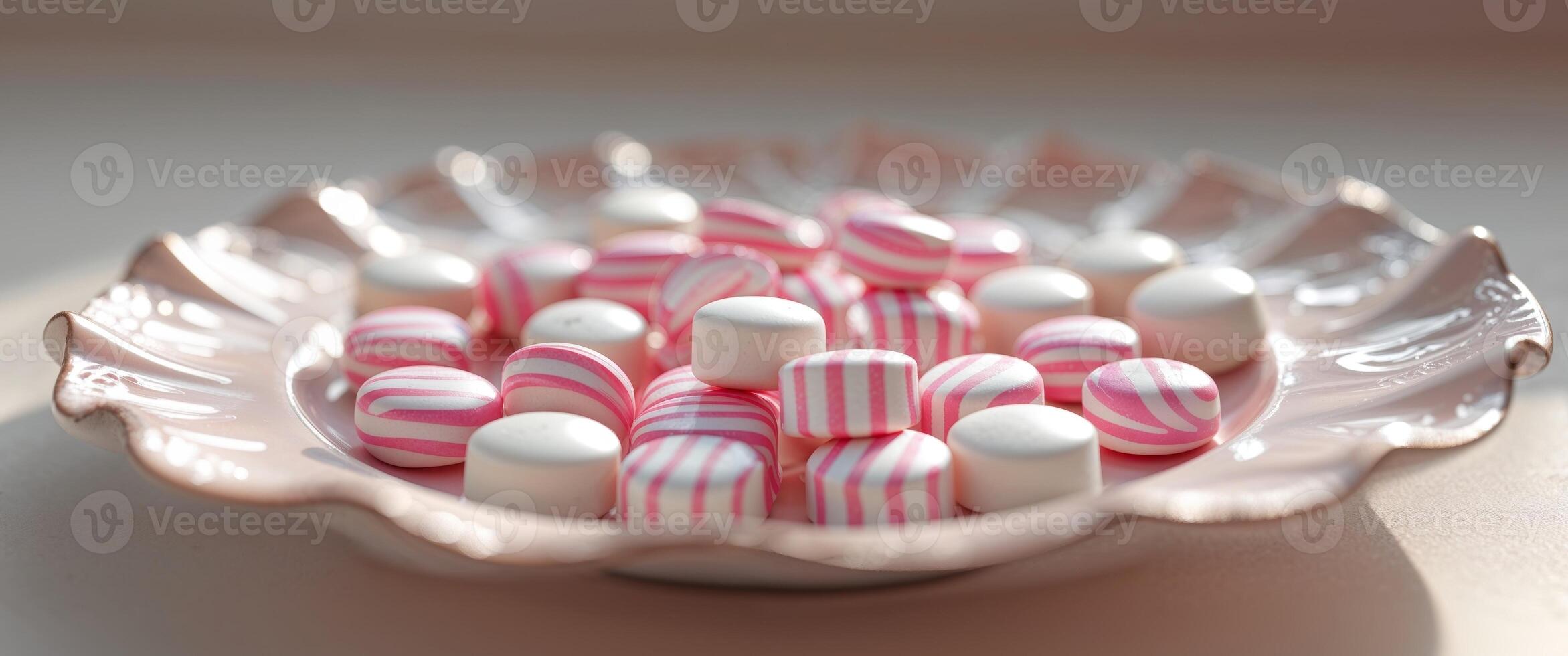 Pink and white striped candies on a decorative plate photo