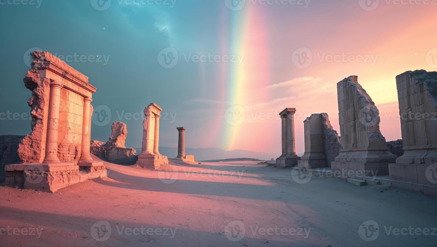 a celestial scene under a rainbow, where shadows stretch across ancient ruins photo