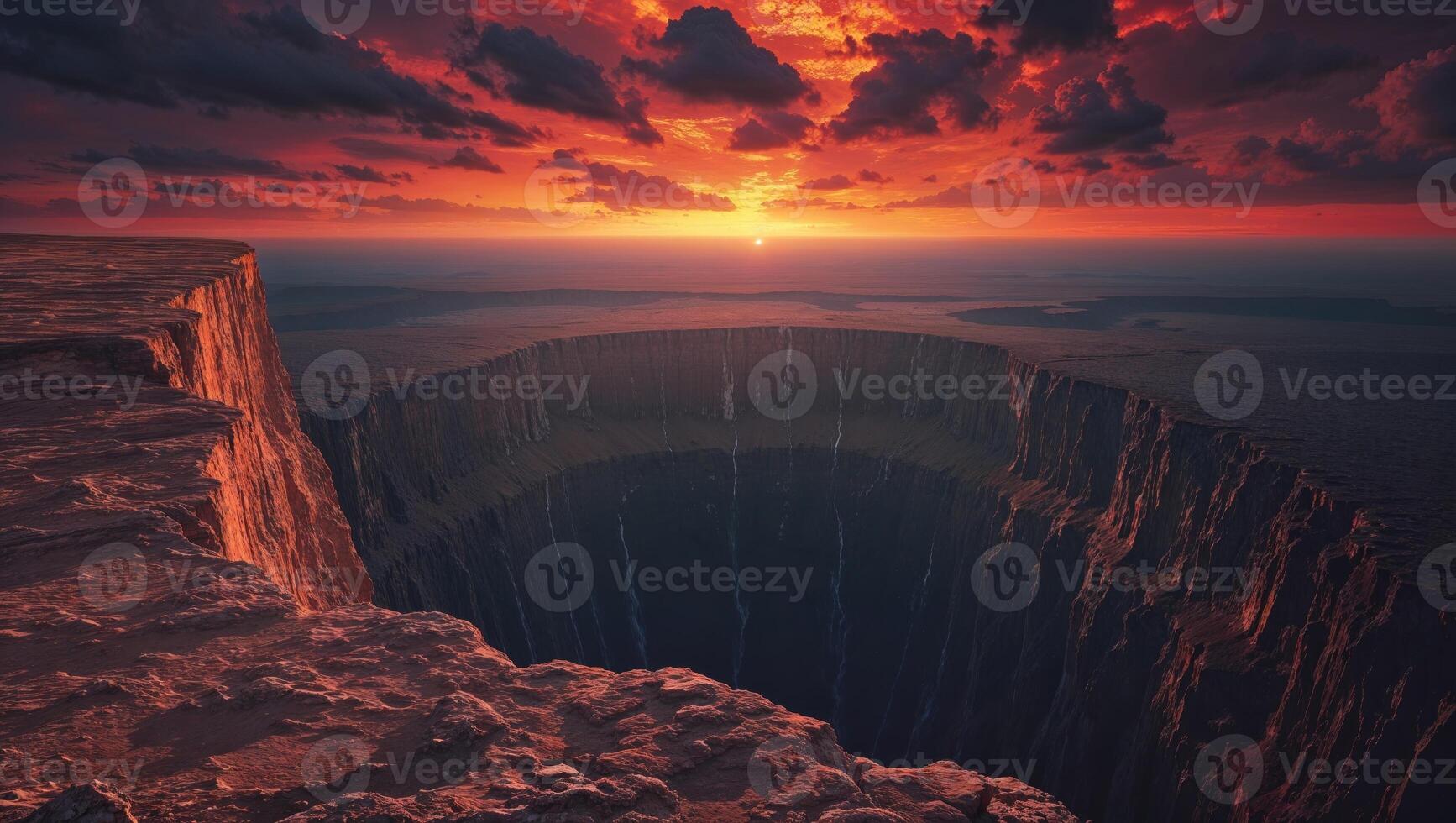 a illuminated scene at the edge of a cliff, gazing into an endless abyss beneath a burning sky photo