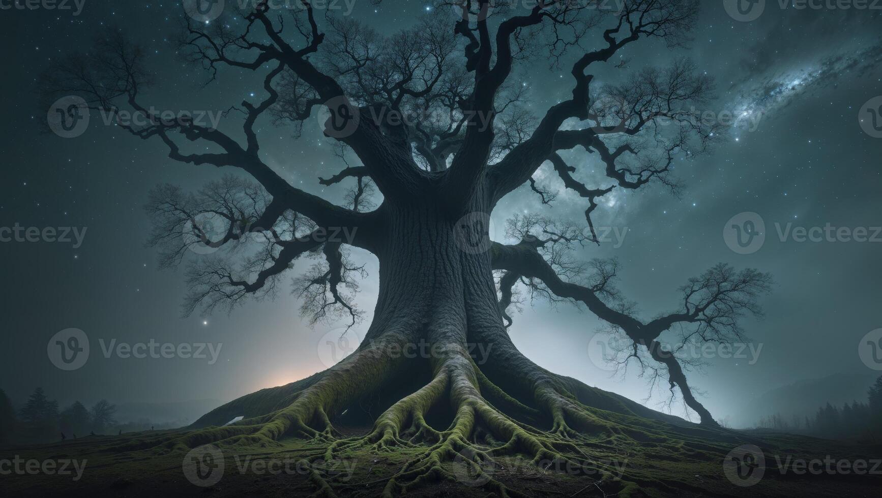 a mystical scene beneath a giant tree that stretches its roots deep into the stars photo