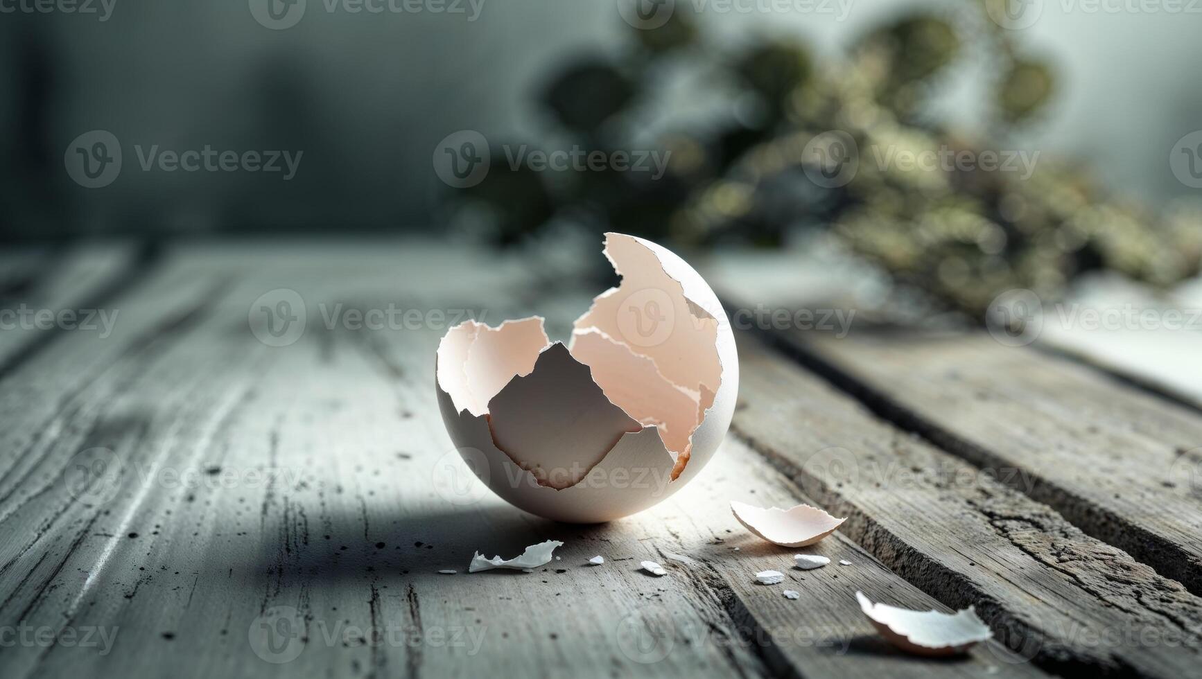 Cracked Eggshell on Wooden Surface with Natural Background in Soft Lighting photo