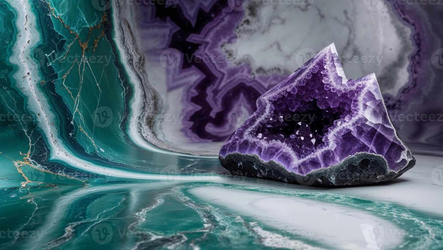 Luxury Teal And Silver Marble With Deep Purple And White Amethyst Geode Texture Background photo
