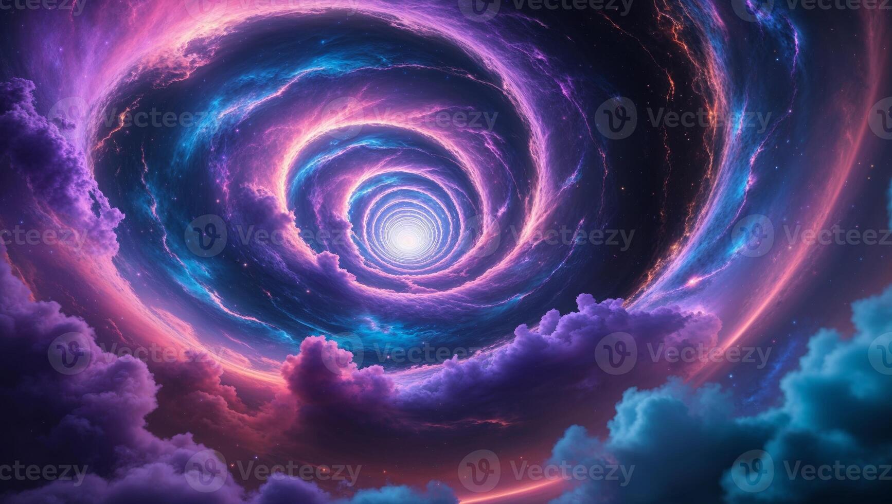a mystical scene inside a black hole, where time bends into a spiral of infinite colors photo