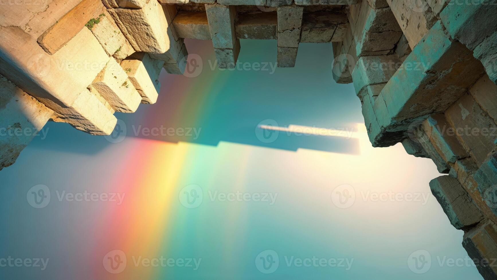 a tumbling scene under a rainbow, where shadows stretch across ancient ruins photo