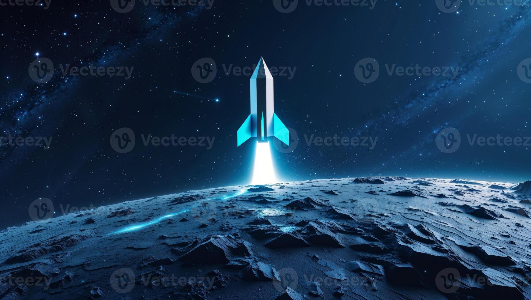 Polygonal rocket launching from planet surface into starry space photo