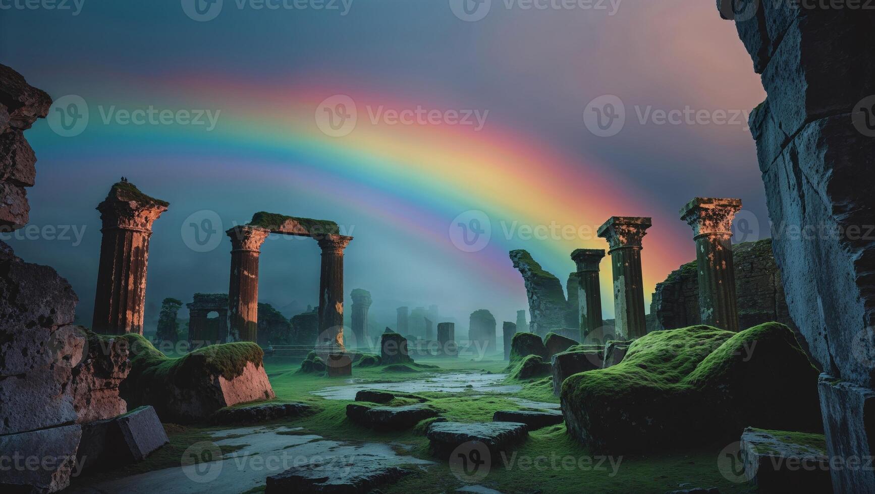 a illuminated scene under a rainbow, where shadows stretch across ancient ruins photo