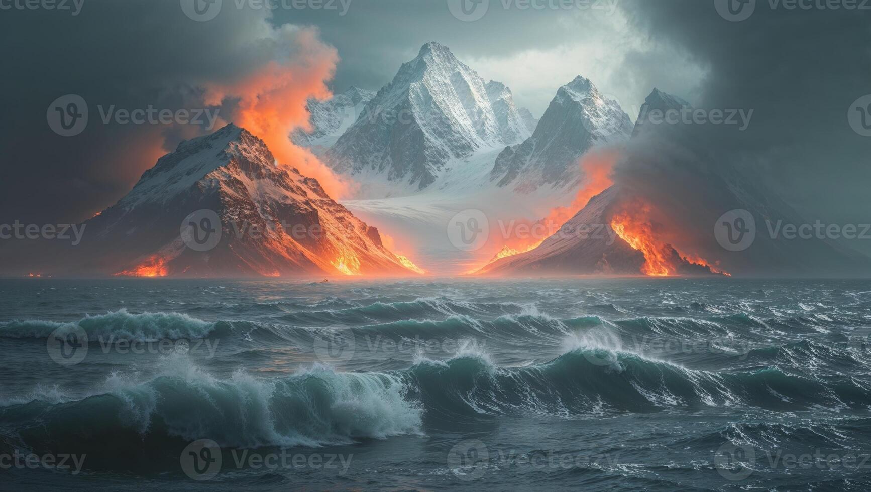 a smouldering scene across a silver sea, where waves crash into frozen mountain peaks photo