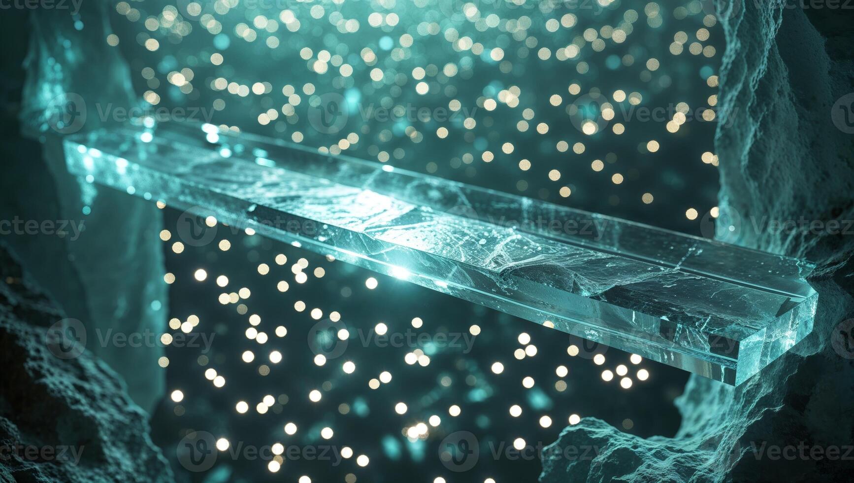 a flickering scene across a crystal bridge, suspended above a void of shimmering stars photo