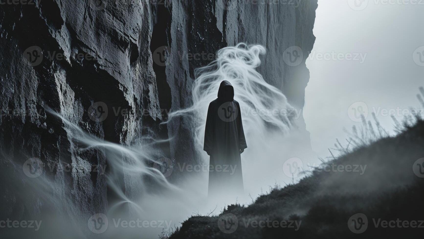 A person standing in front of a mountain with smoke coming out of it photo