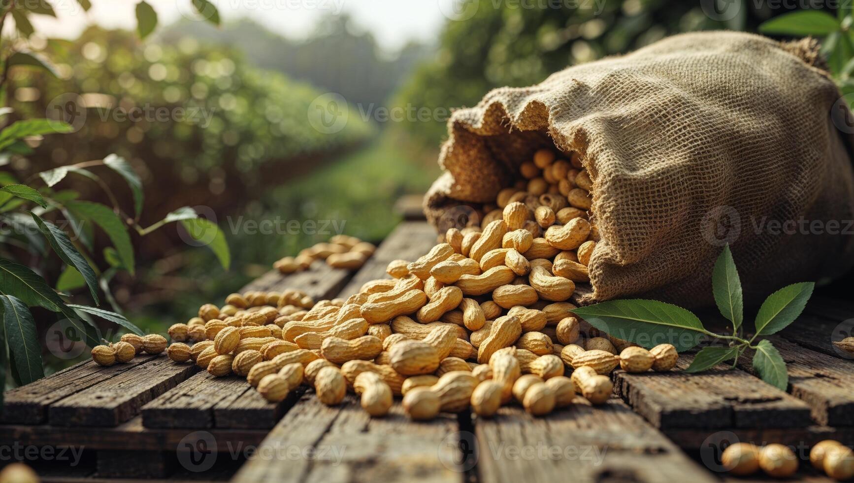 Peanuts in a sack on a wooden table photo