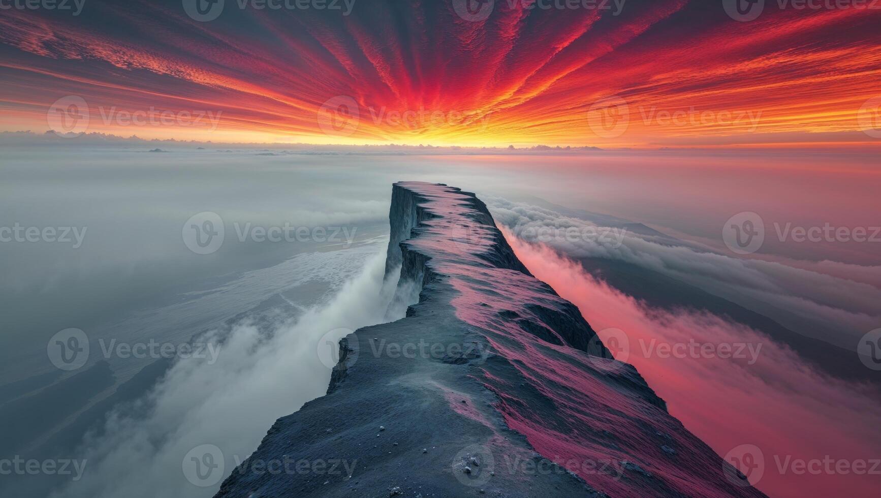 A sunset over a mountain with clouds and fog photo